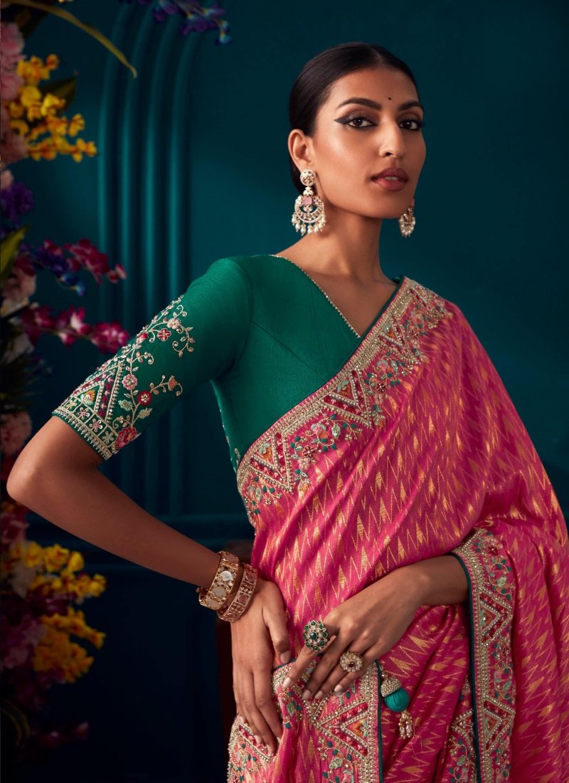 Magenta Pure Kanjivaram Saree with Heavy Embroidery, Sequins and Stone Work-2