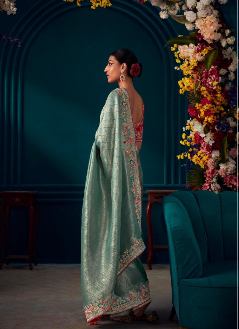 Sea Green Pure Kanjivaram Saree with Heavy Embroidery, Sequins and Stone Work-2