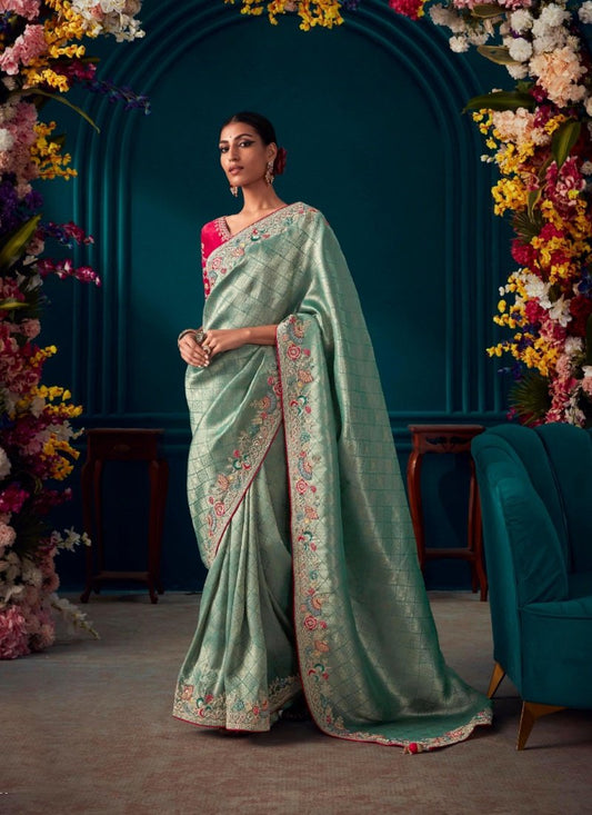 Sea Green Pure Kanjivaram Saree with Heavy Embroidery, Sequins and Stone Work