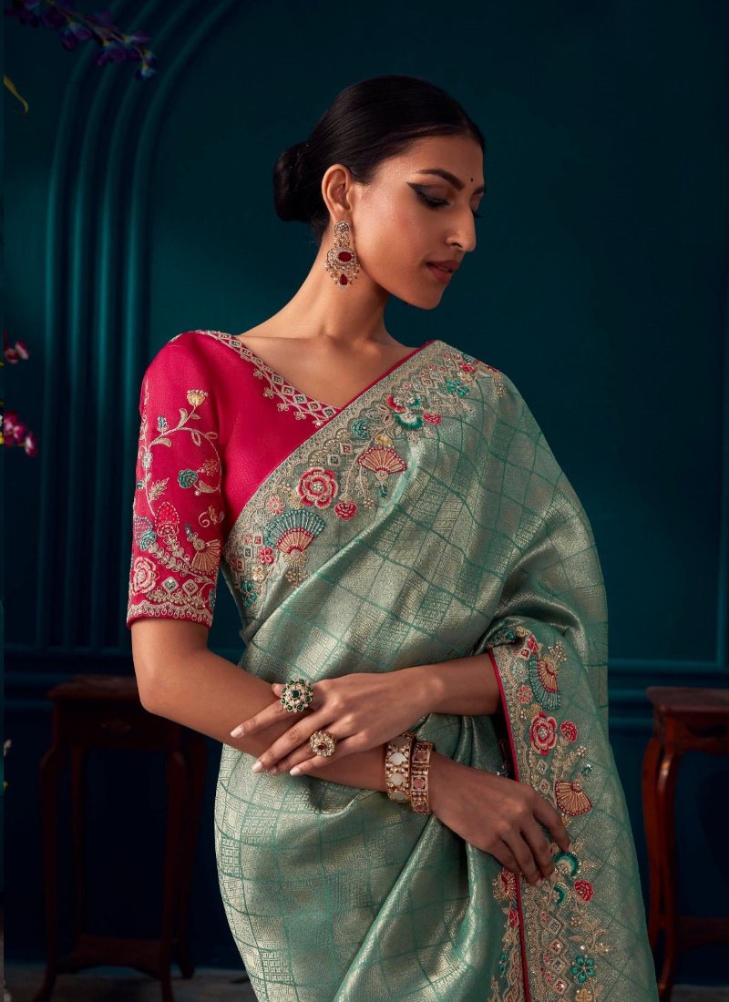 Sea Green Pure Kanjivaram Saree with Heavy Embroidery, Sequins and Stone Work-2