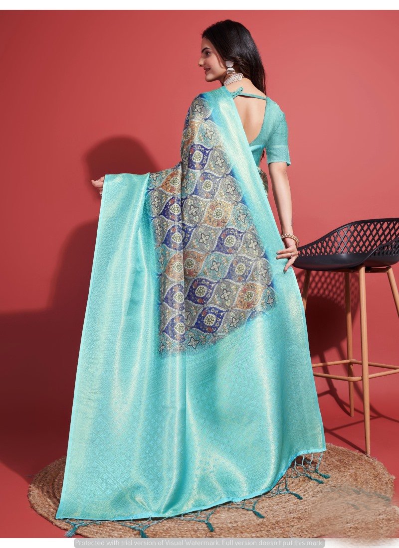 Sky Blue Pattu Saree with Copper Zari Working-2