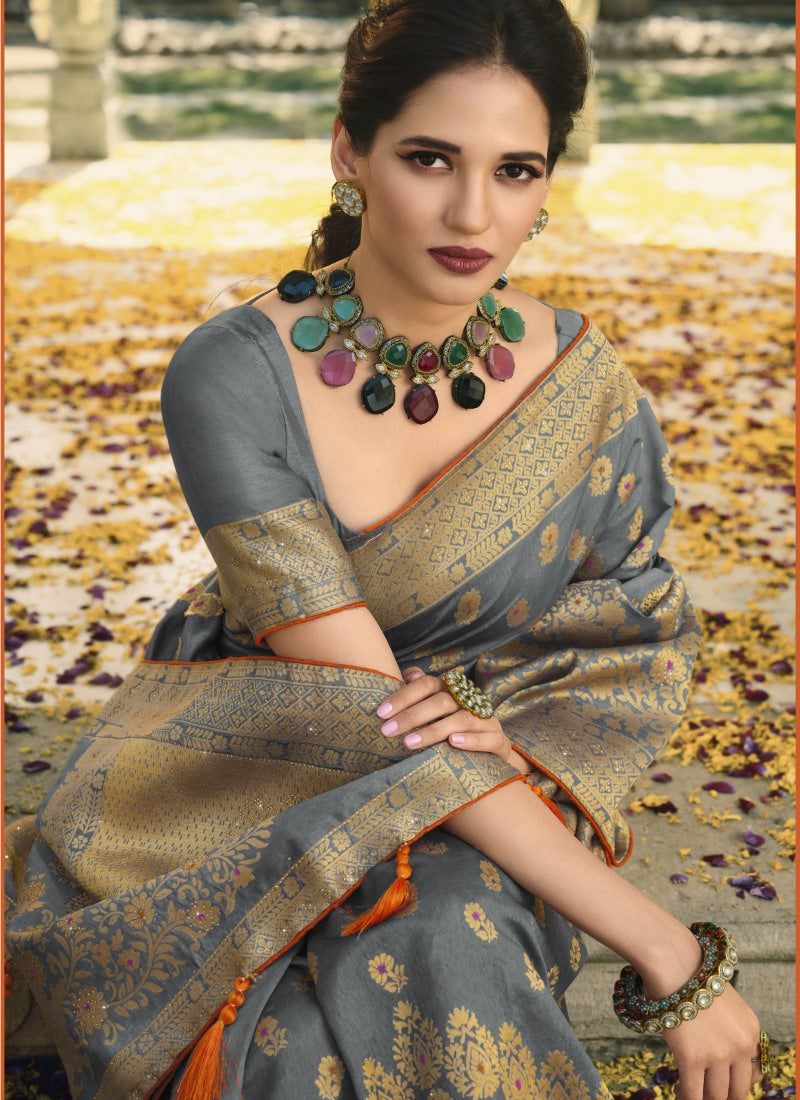 Gray Swarovski Silk Saree-2