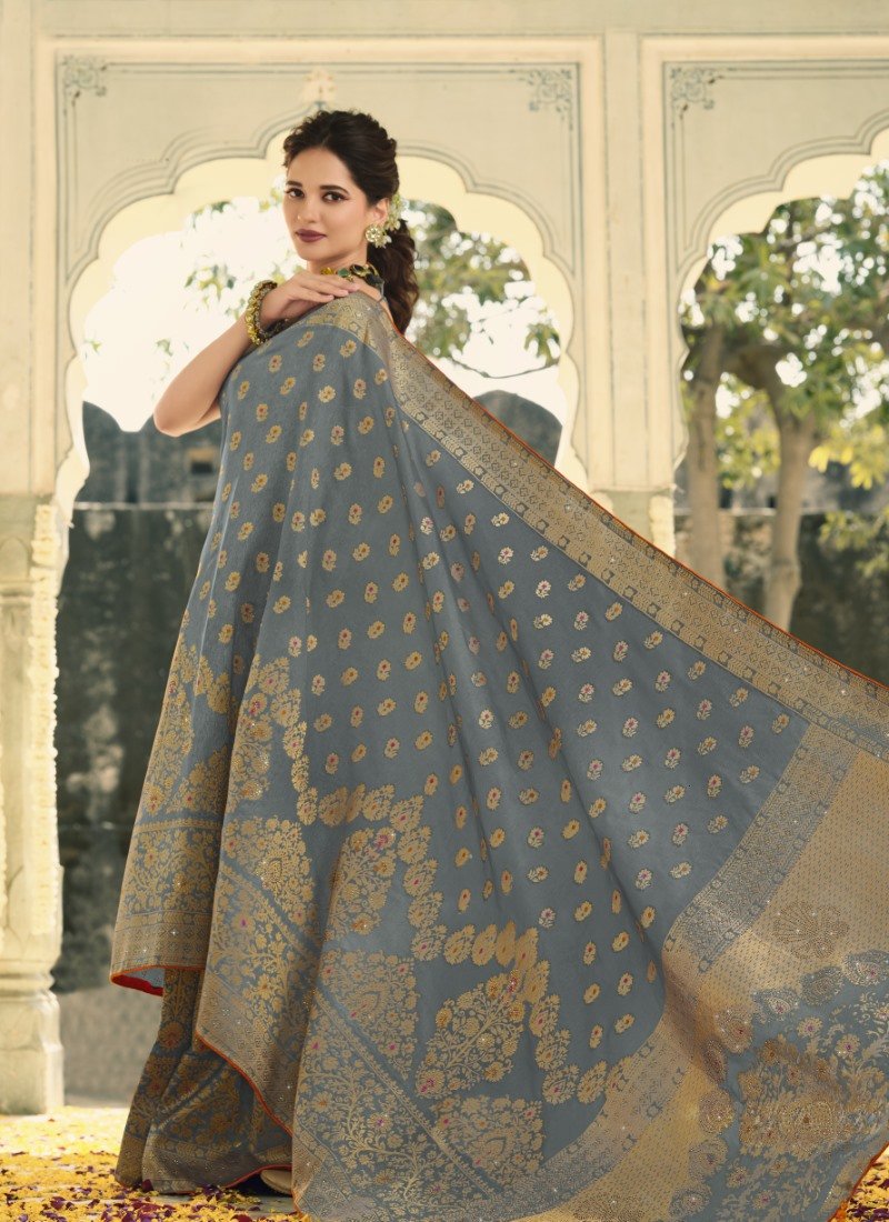 Gray Swarovski Silk Saree-2