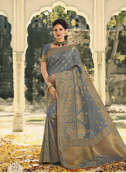 Gray Swarovski Silk Saree