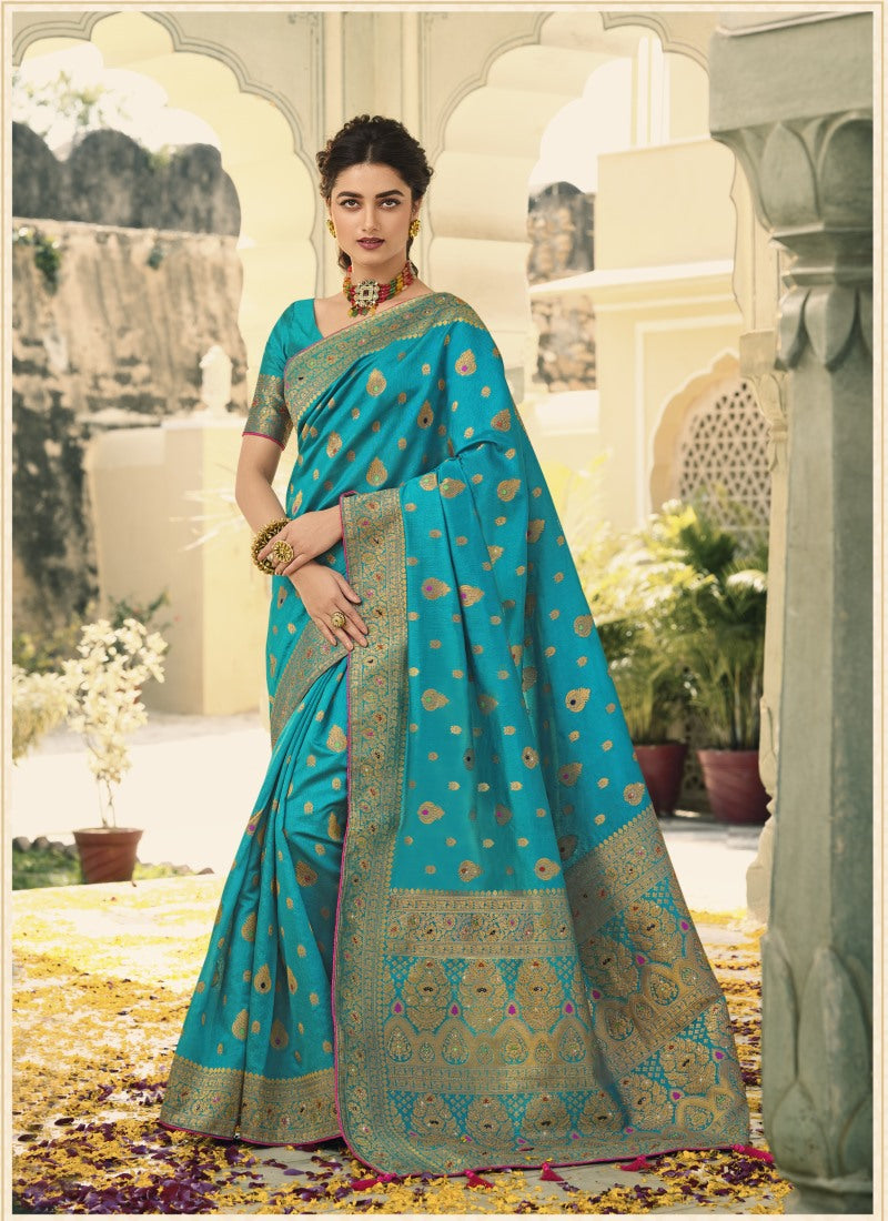 Blue Swarovski Silk Saree