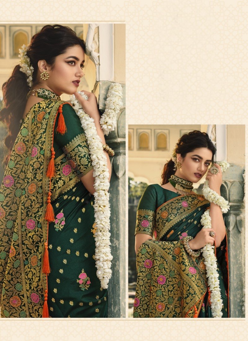 Dark Green Swarovski Silk Saree-2