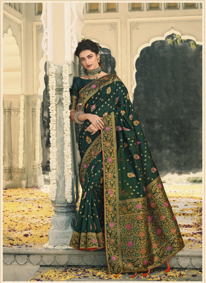 Dark Green Swarovski Silk Saree