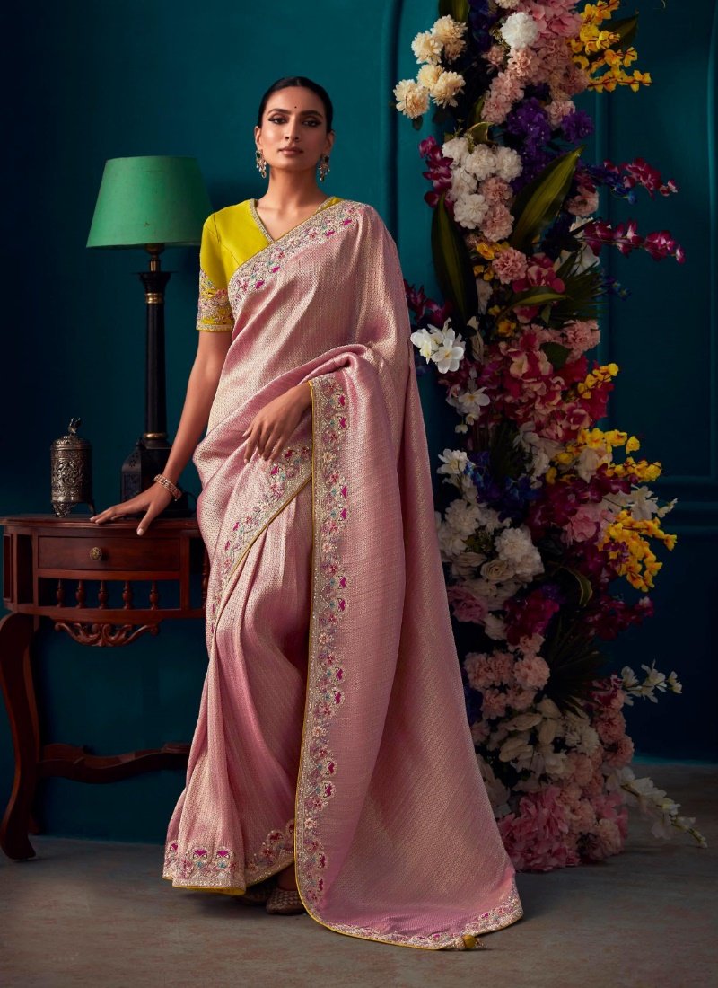 Pink Pure Kanjivaram Saree with Heavy Embroidery, Sequins and Stone Work