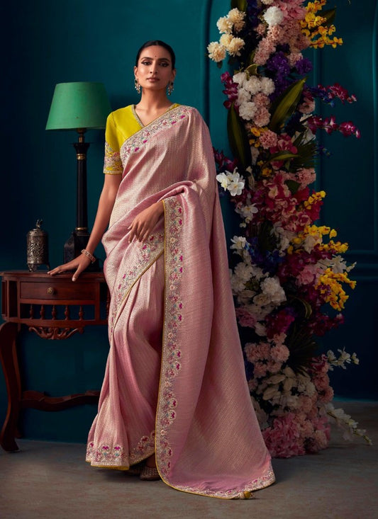 Pink Pure Kanjivaram Saree with Heavy Embroidery, Sequins and Stone Work