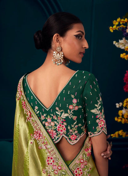 Pista Green Pure Kanjivaram Saree with Heavy Embroidery, Sequins and Stone Work-2