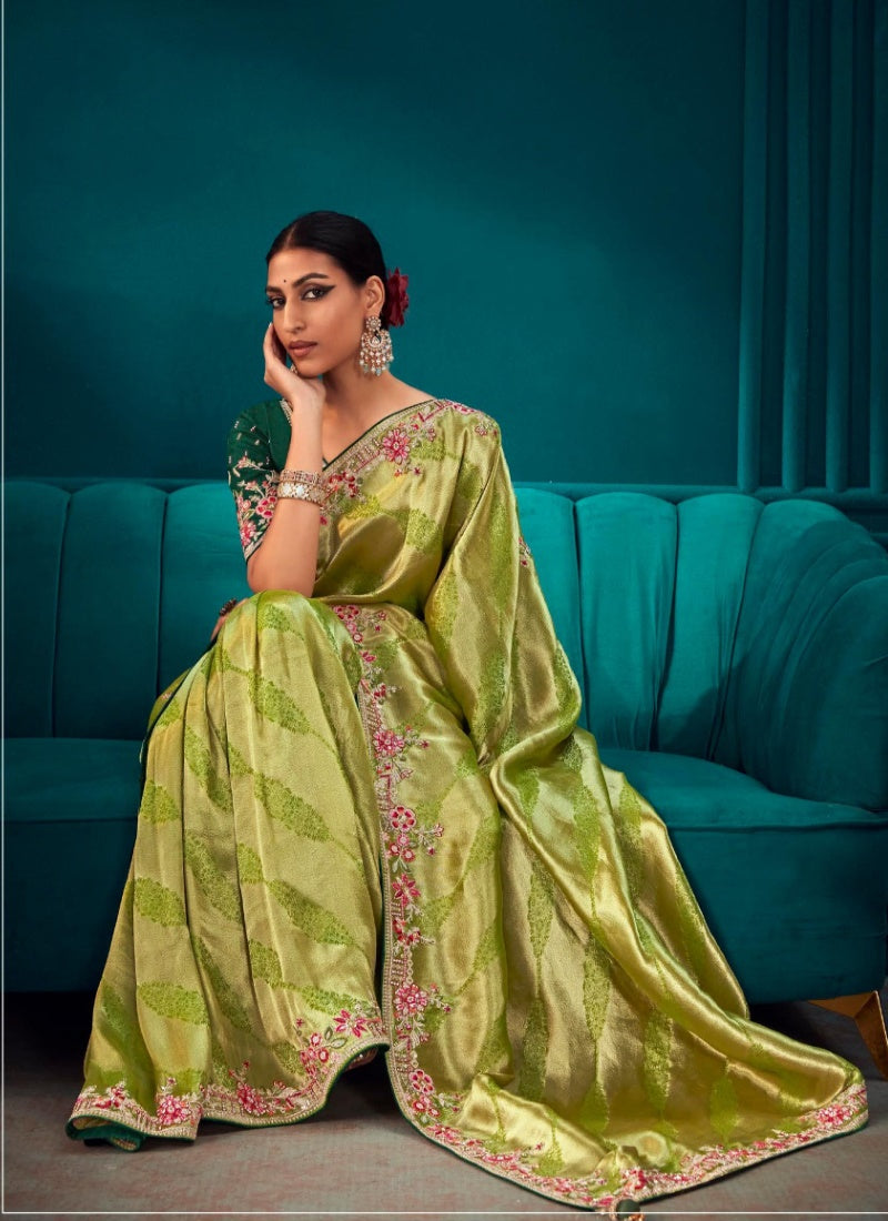 Pista Green Pure Kanjivaram Saree with Heavy Embroidery, Sequins and Stone Work-2