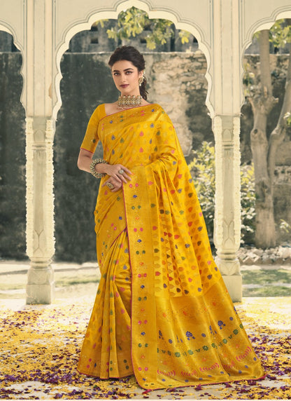 Yellow Swarovski Silk Saree