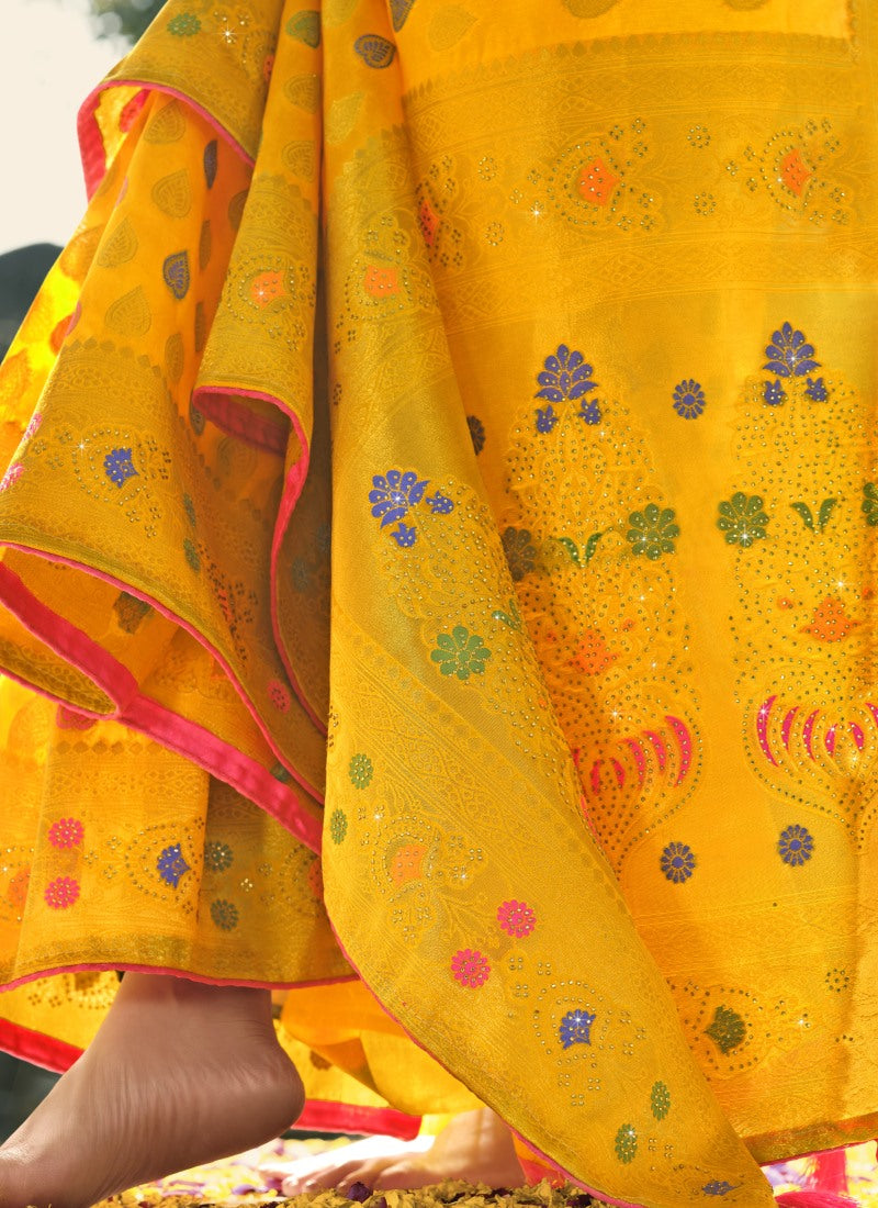 Yellow Swarovski Silk Saree-2