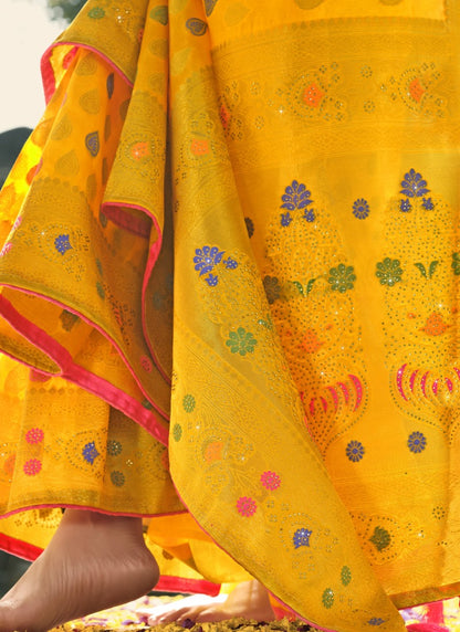 Yellow Swarovski Silk Saree-2