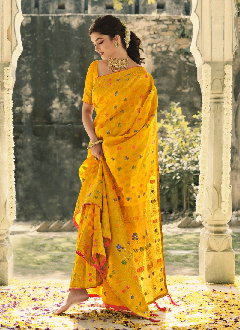 Yellow Swarovski Silk Saree-2