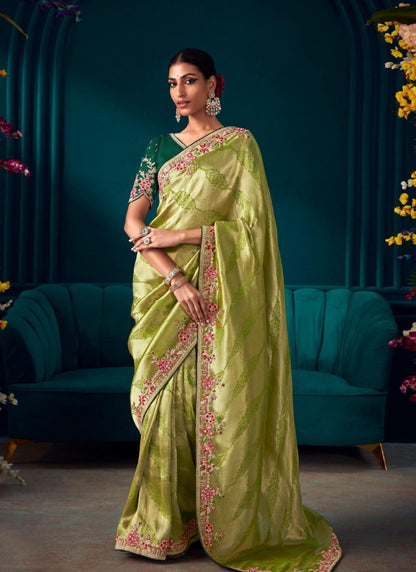 Pista Green Pure Kanjivaram Saree with Heavy Embroidery, Sequins and Stone Work