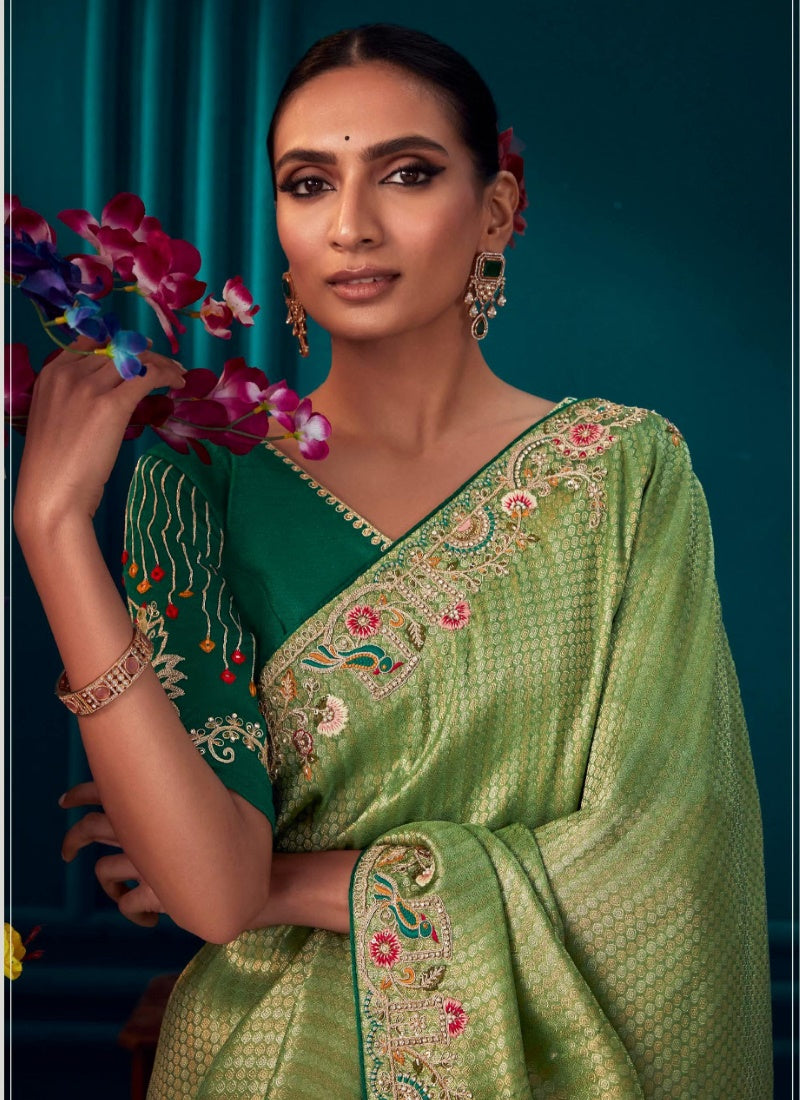 Pista Green Pure Kanjivaram Saree with Heavy Embroidery, Sequins and Stone Work-2