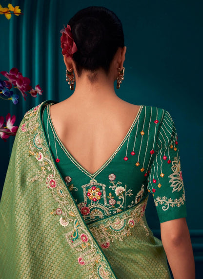 Pista Green Pure Kanjivaram Saree with Heavy Embroidery, Sequins and Stone Work-2