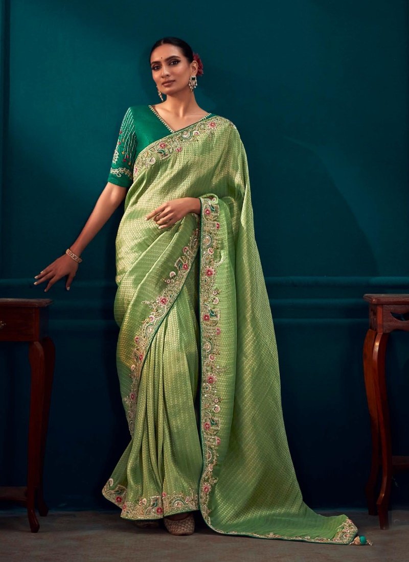 Pista Green Pure Kanjivaram Saree with Heavy Embroidery, Sequins and Stone Work