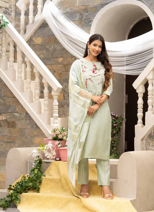 Light Green Silk Embroidered Straight Cut Salwar Suit