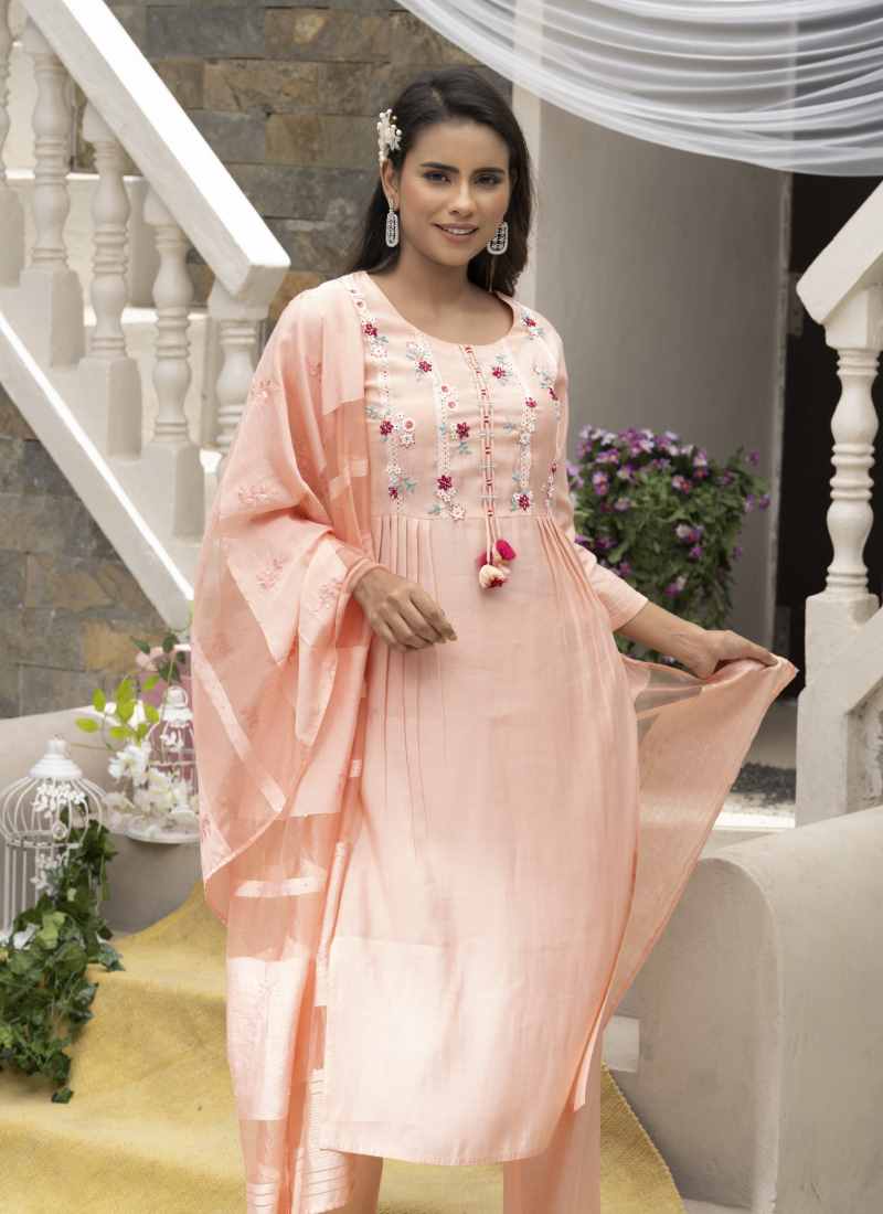 Peach Silk Embroidered Straight Cut Salwar Suit-2