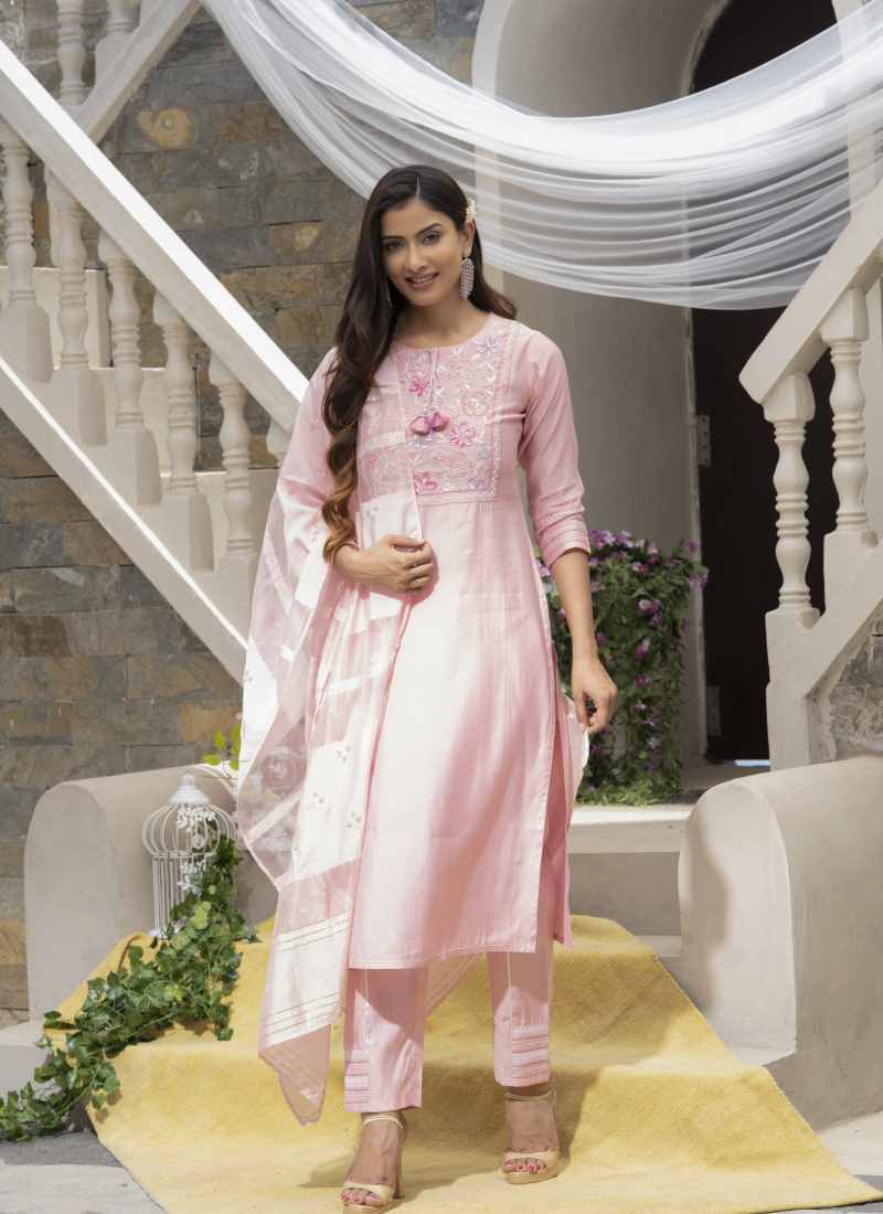 Pink Silk Embroidered Straight Cut Salwar Suit