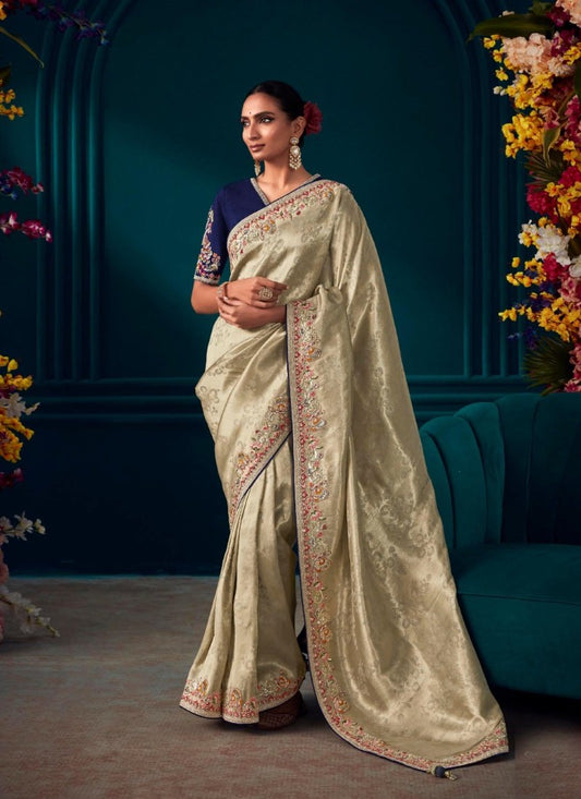 Beige Pure Kanjivaram Saree with Heavy Embroidery, Sequins and Stone Work