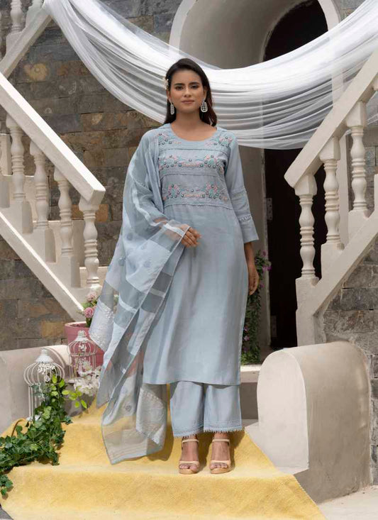 Light Blue Silk Embroidered Straight Cut Salwar Suit