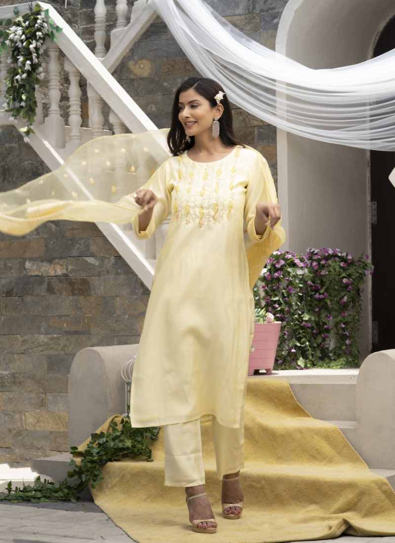 Light Yellow Silk Embroidered Straight Cut Salwar Suit