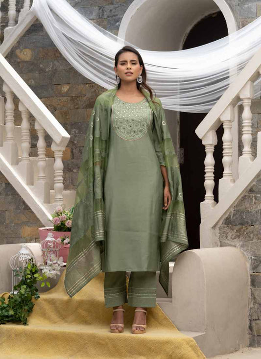 Green Silk Embroidered Straight Cut Salwar Suit