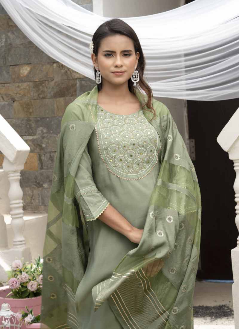 Green Silk Embroidered Straight Cut Salwar Suit-2