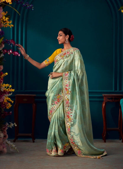 Sea Green Pure Kanjivaram Saree with Heavy Embroidery, Sequins and Stone Work