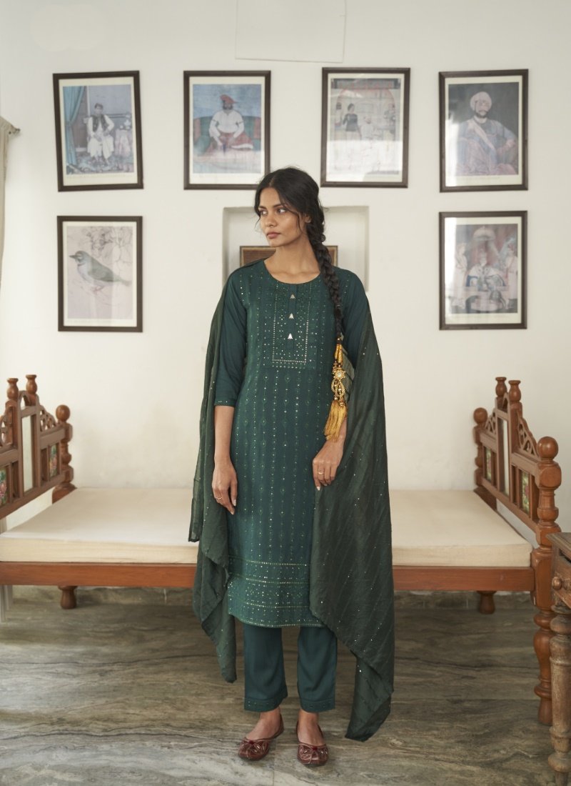 Green Reyon Kurta Straight Cut Salwar Suit