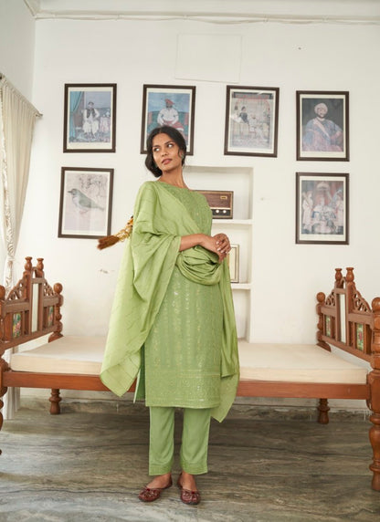 Pista Green Reyon Kurta Straight Cut Salwar Suit