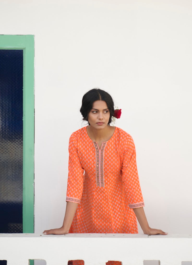 Orange Cotton Printed Kurti-2