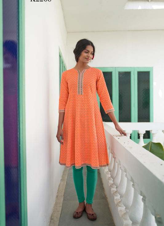 Orange Cotton Printed Kurti