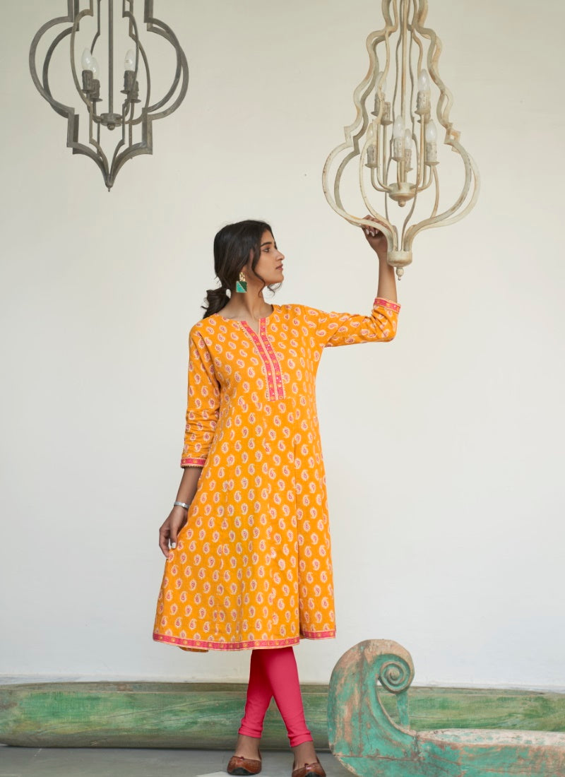 Yellow Cotton Printed Kurti