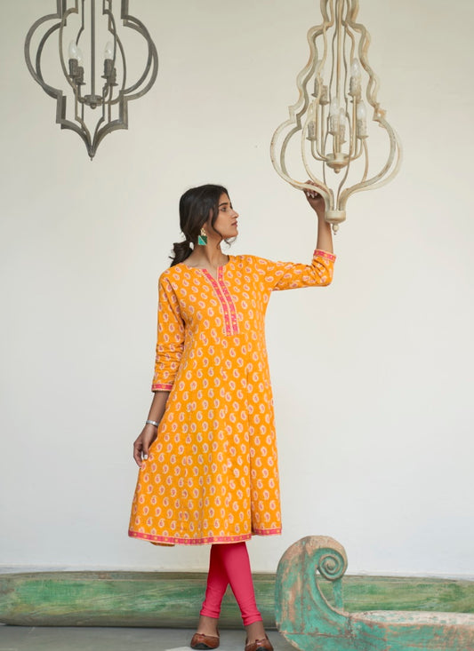 Yellow Cotton Printed Kurti