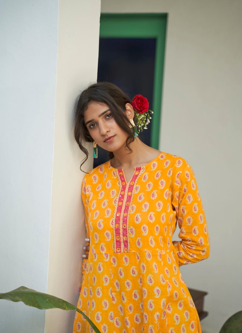 Yellow Cotton Printed Kurti-2