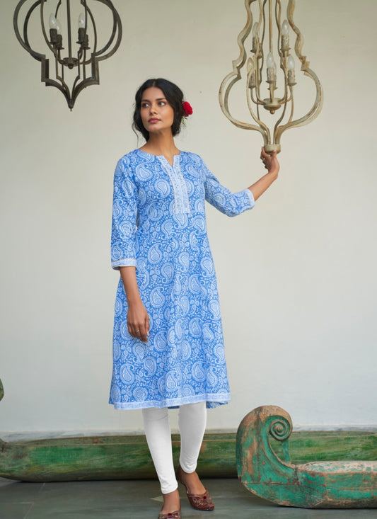 Blue Cotton Printed Kurti