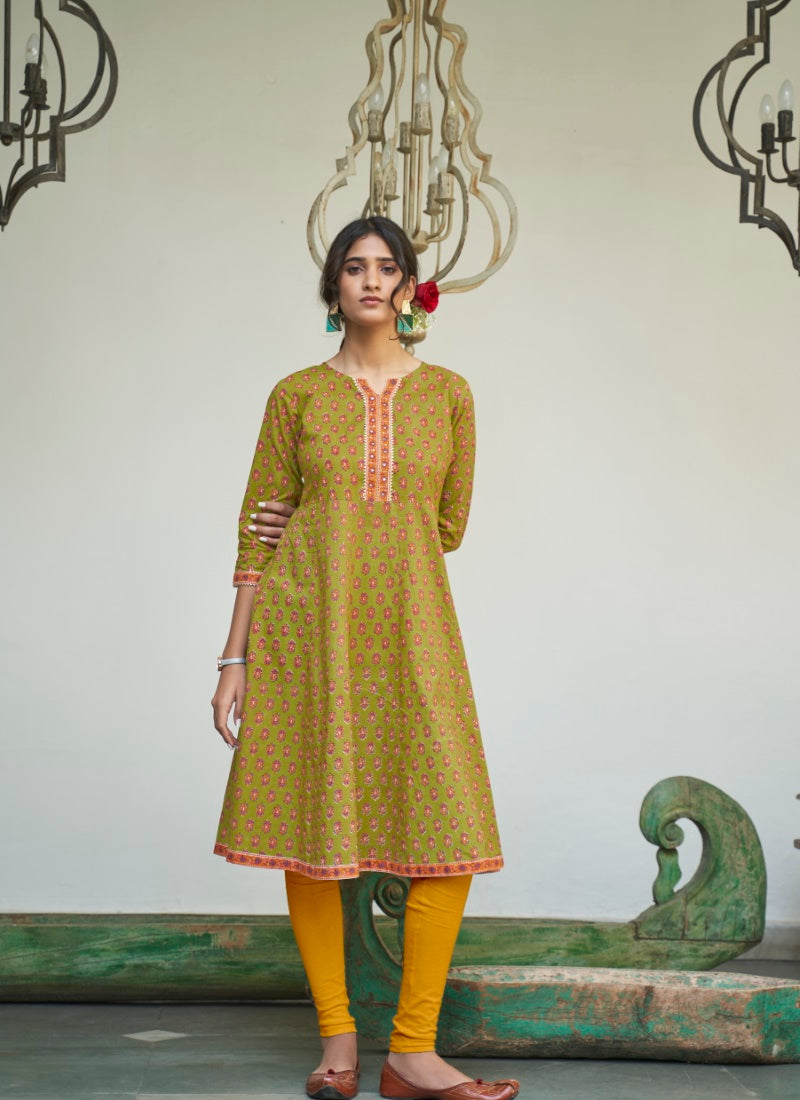 Green Cotton Printed Kurti