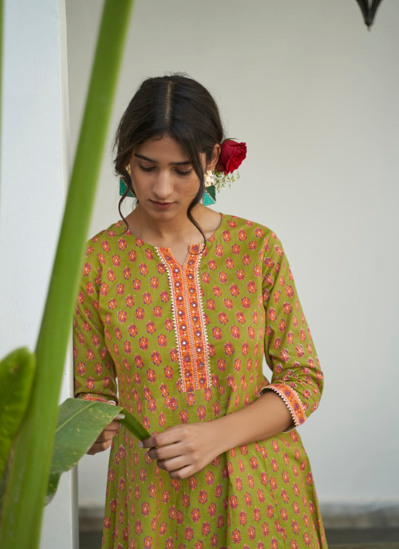 Green Cotton Printed Kurti-2