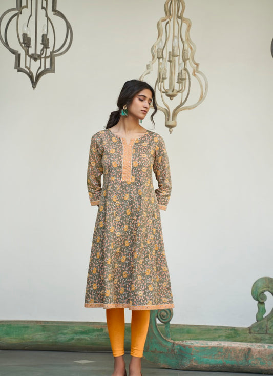 Gray Cotton Printed Kurti