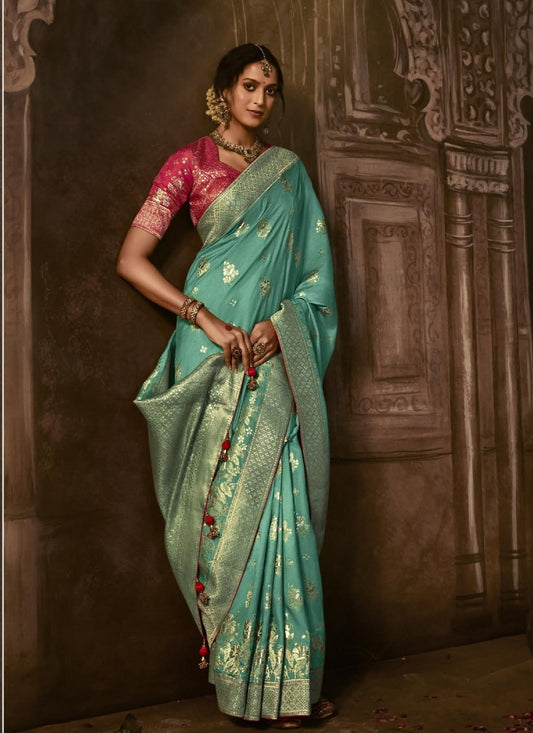 Aqua Silk Embroidered Saree