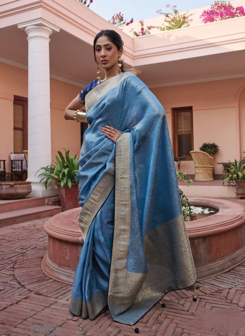 Blue Viscose Pattu Saree with Heavy Border