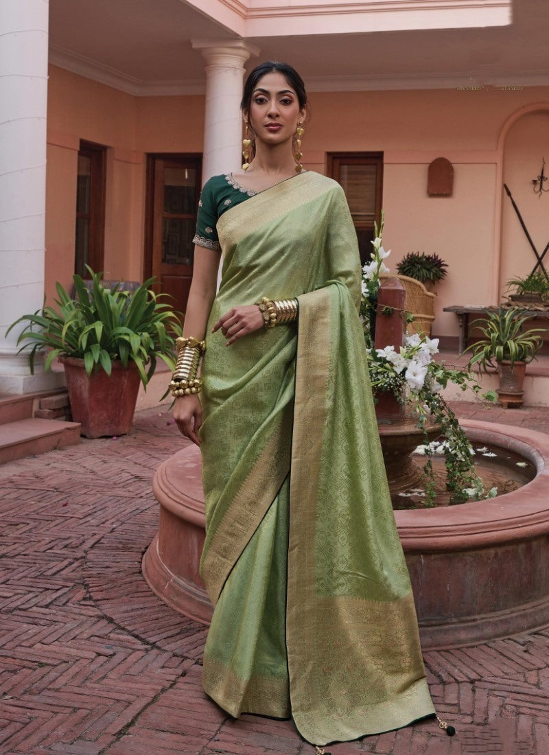 Olive Green Viscose Pattu Saree with Heavy Border