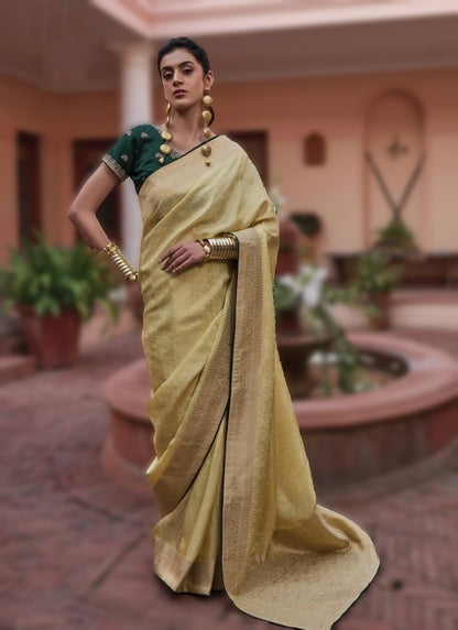 Pista Green Viscose Pattu Saree with Heavy Border