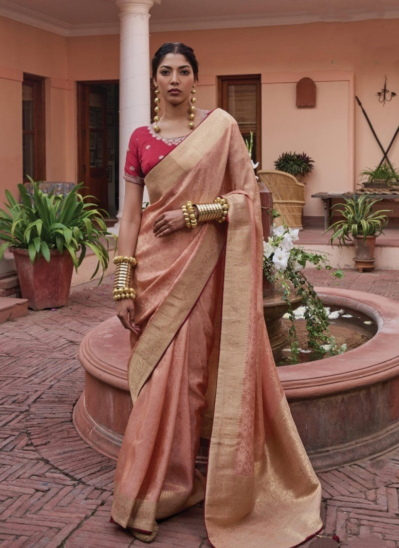 Peach Viscose Pattu Saree with Heavy Border