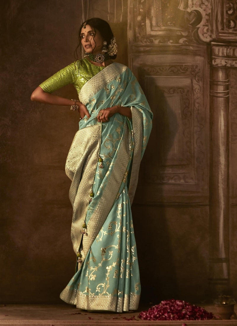 Aqua Silk Embroidered Saree