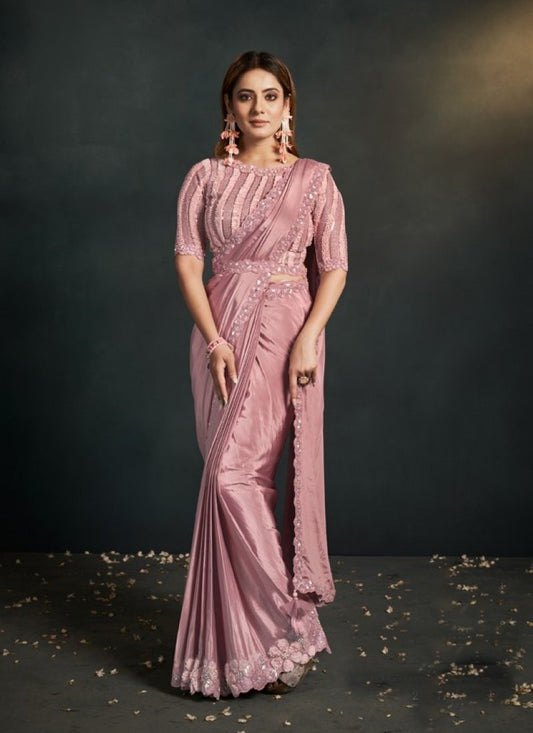 Pink Silk Party Wear Designer Saree With Sequins, Stone and Thread Work